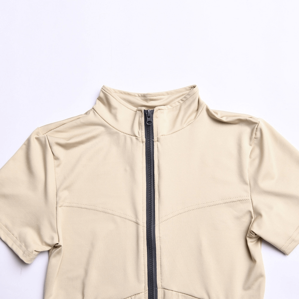 Stylish beige O-Neck short sleeve zipper bodysuit for women, showcasing slim fit design with lightweight fabric, perfect for sporty look.